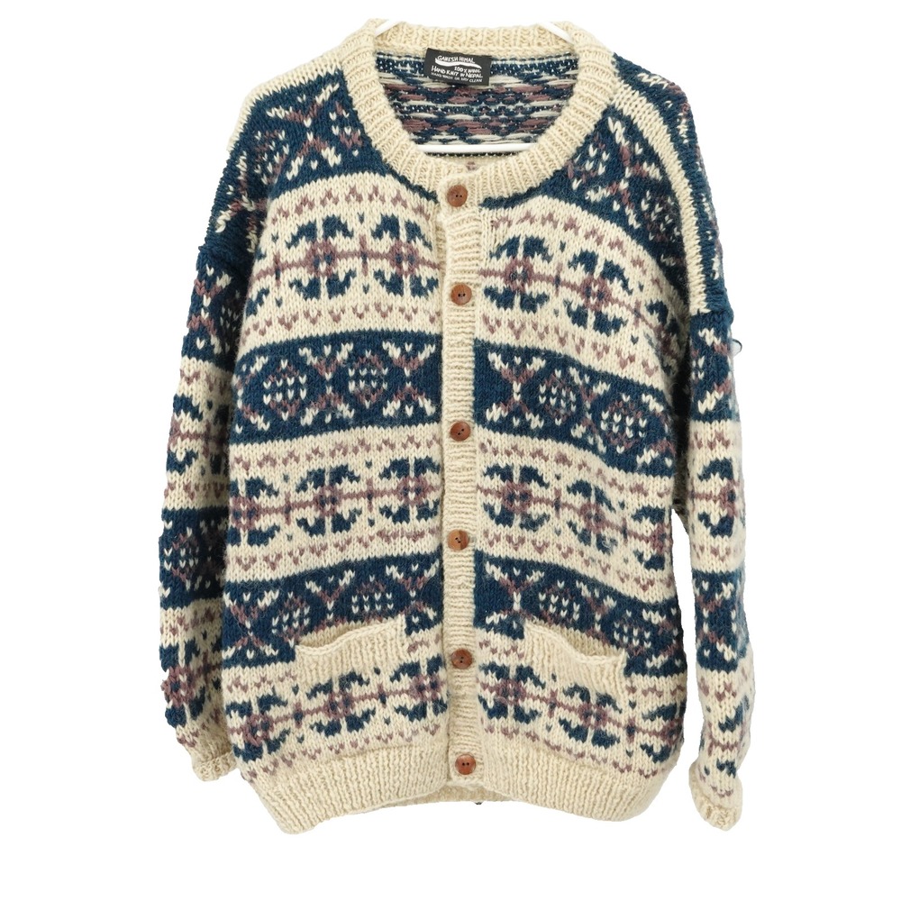 Ganesh Himal Wool Sweater Cardigan SZ XL Handknit Fair Isle Cottagecore Cozycore